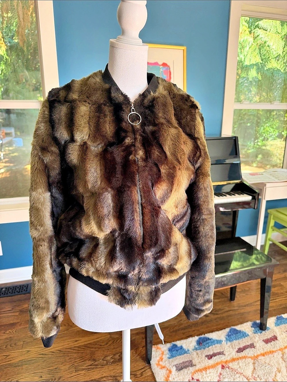 ZARA Faux Fur Bomber Jacket in Brown & Black Size XS, Like New